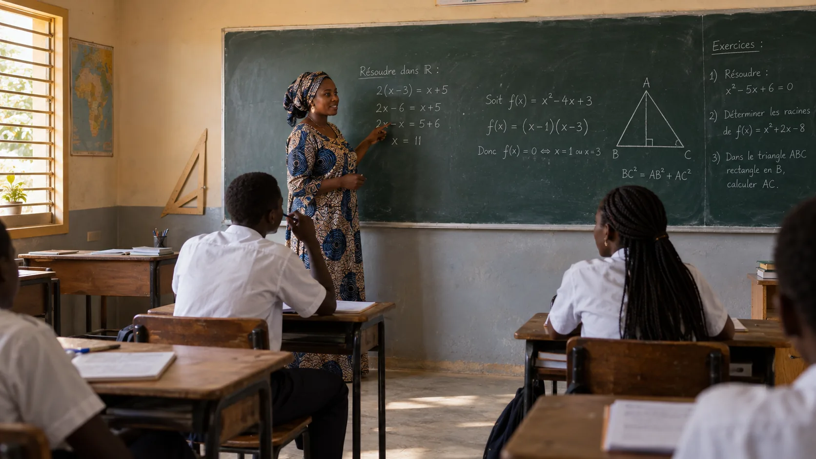 Professeure de mathématiques expliquant une démonstration à sa classe
