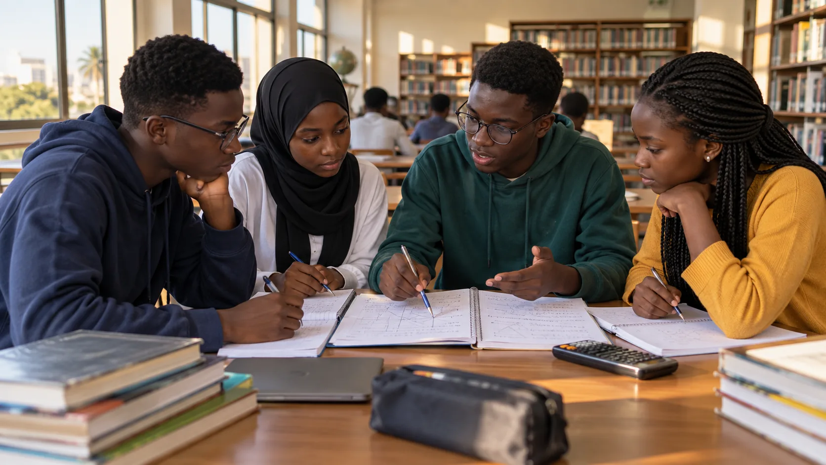 Élèves de Terminale révisant ensemble des exercices de mathématiques