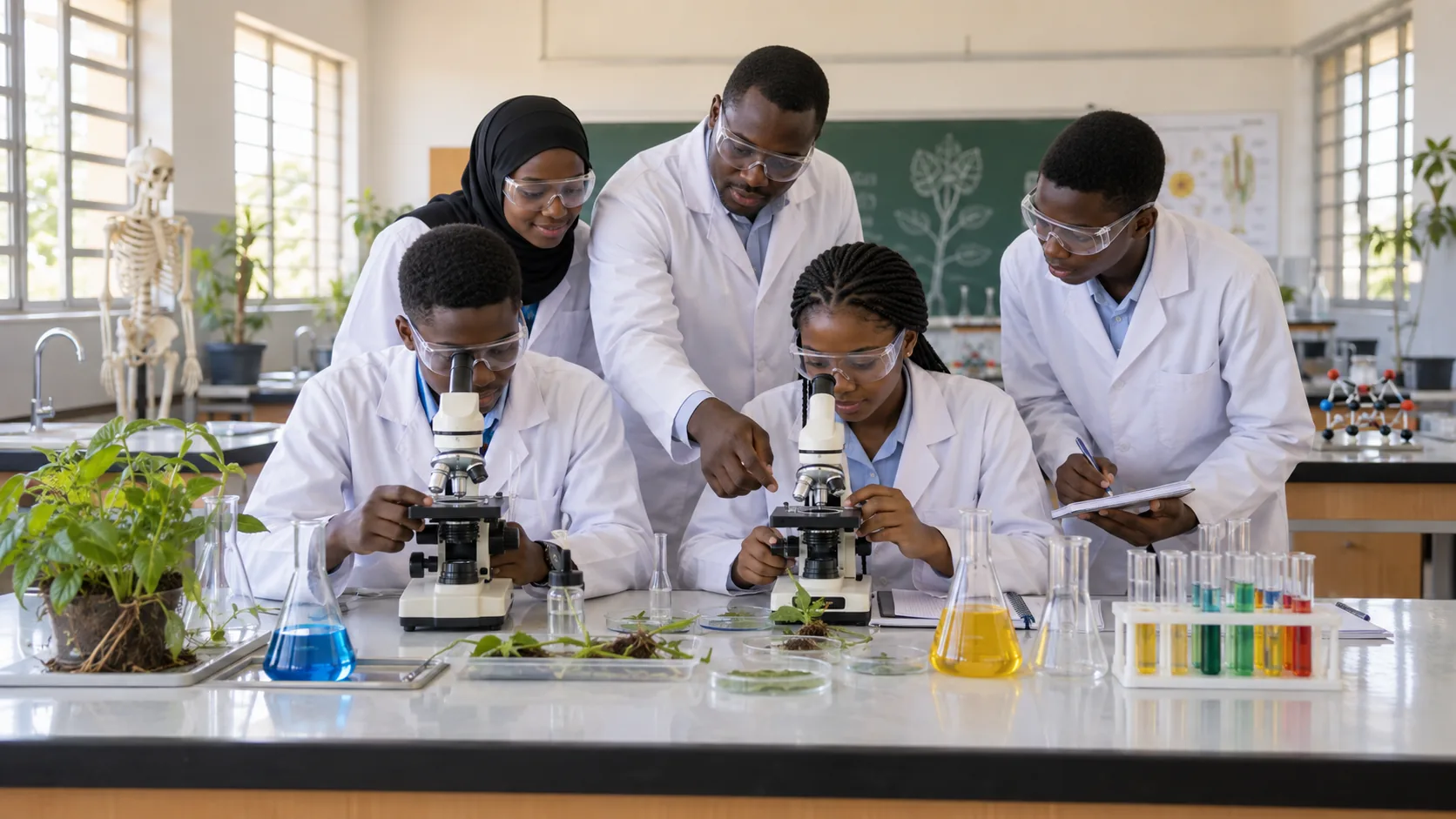 Élèves réalisant une expérience de chimie et de biologie au laboratoire