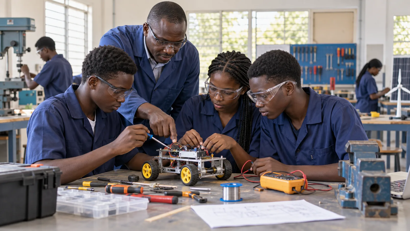 Élèves assemblant un prototype électronique dans un atelier technique